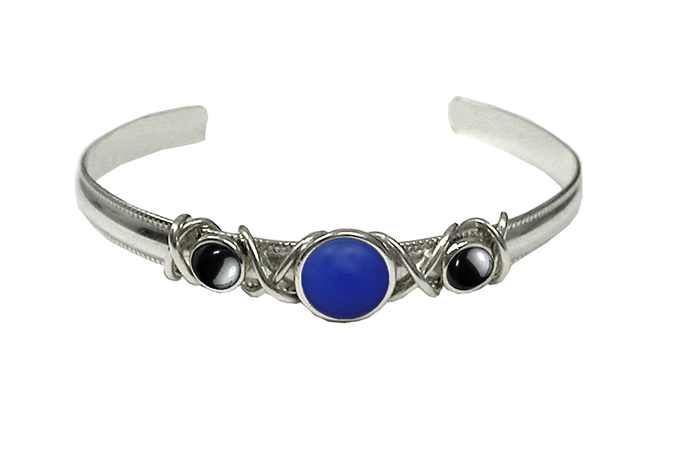 Sterling Silver Hand Made Cuff Bracelet With Blue Onyx And Hematite